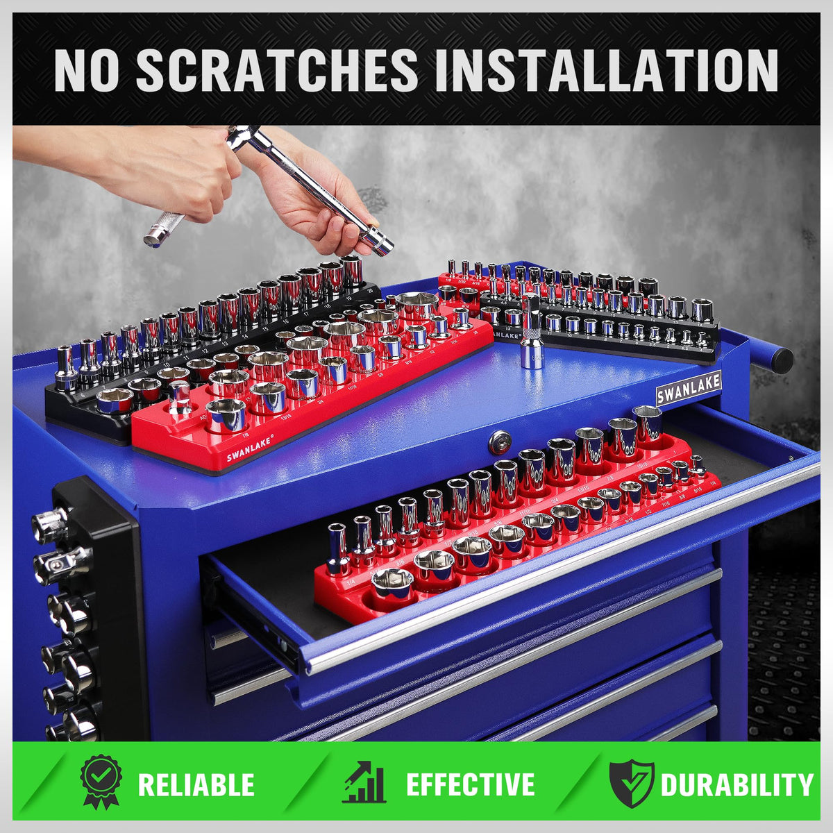 Swanlake 1/4 in SAE drive organizer prevents mixups and loss.