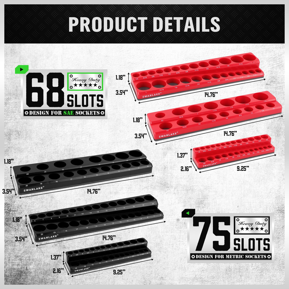 Swanlake 3/8 in metric drive organizer neatly arranges sockets for quick access.