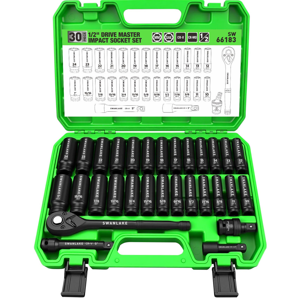 Swanlake 30-piece drive socket set with ratchet for quick repairs.