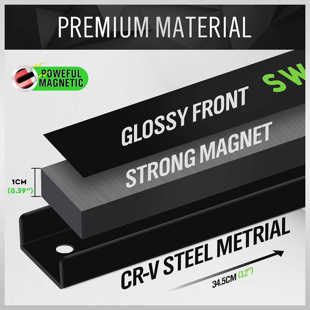 Swanlake Tools slatwall compatible magnetic bars demonstrate flexible garage organization.