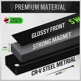 Swanlake Tools slatwall compatible magnetic bars demonstrate flexible garage organization.