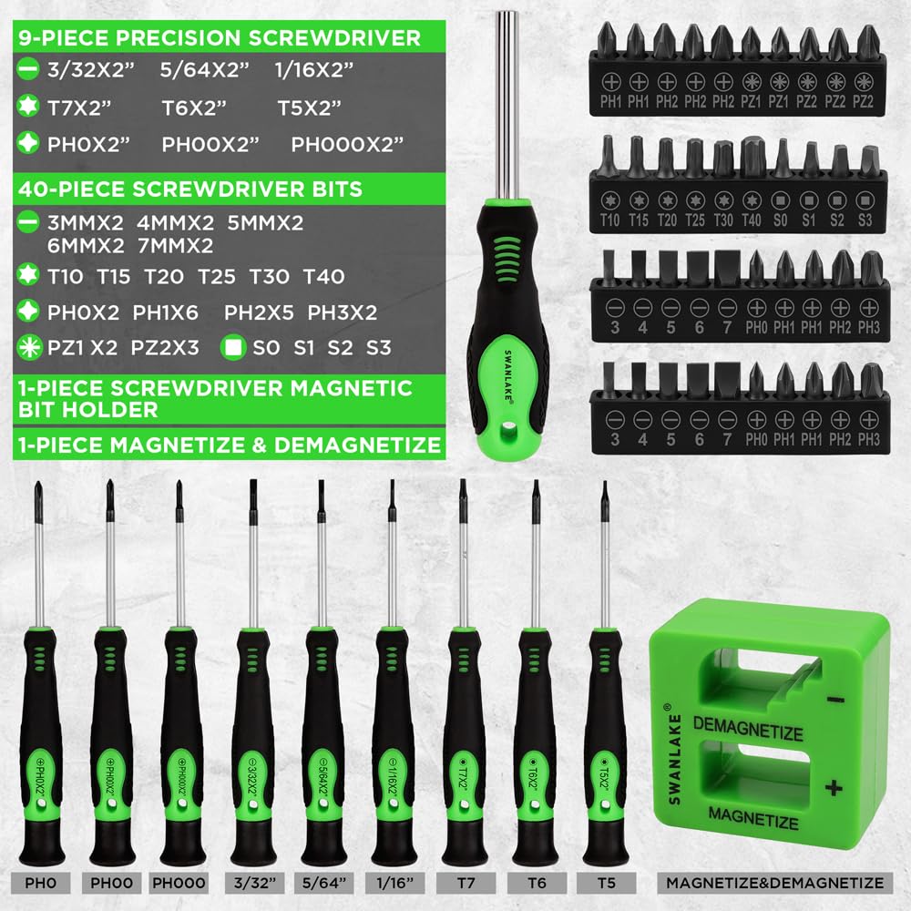 Swanlake assortment of screwdrivers laid out showing Phillips, slotted, and Torx