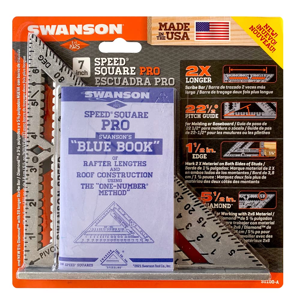 Swanson Speed Square Pro 7 guides along walls for fast, repeatable marks.