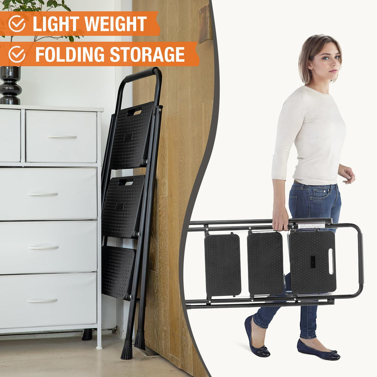 Sweetcrispy folding 3-step ladder is lightweight and portable for chores