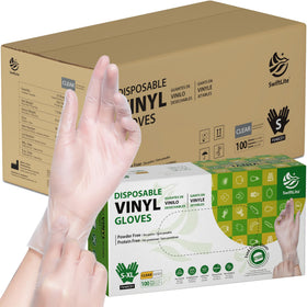 SWIFTLITE disposable vinyl gloves packaged for easy restocking and kitchen use.