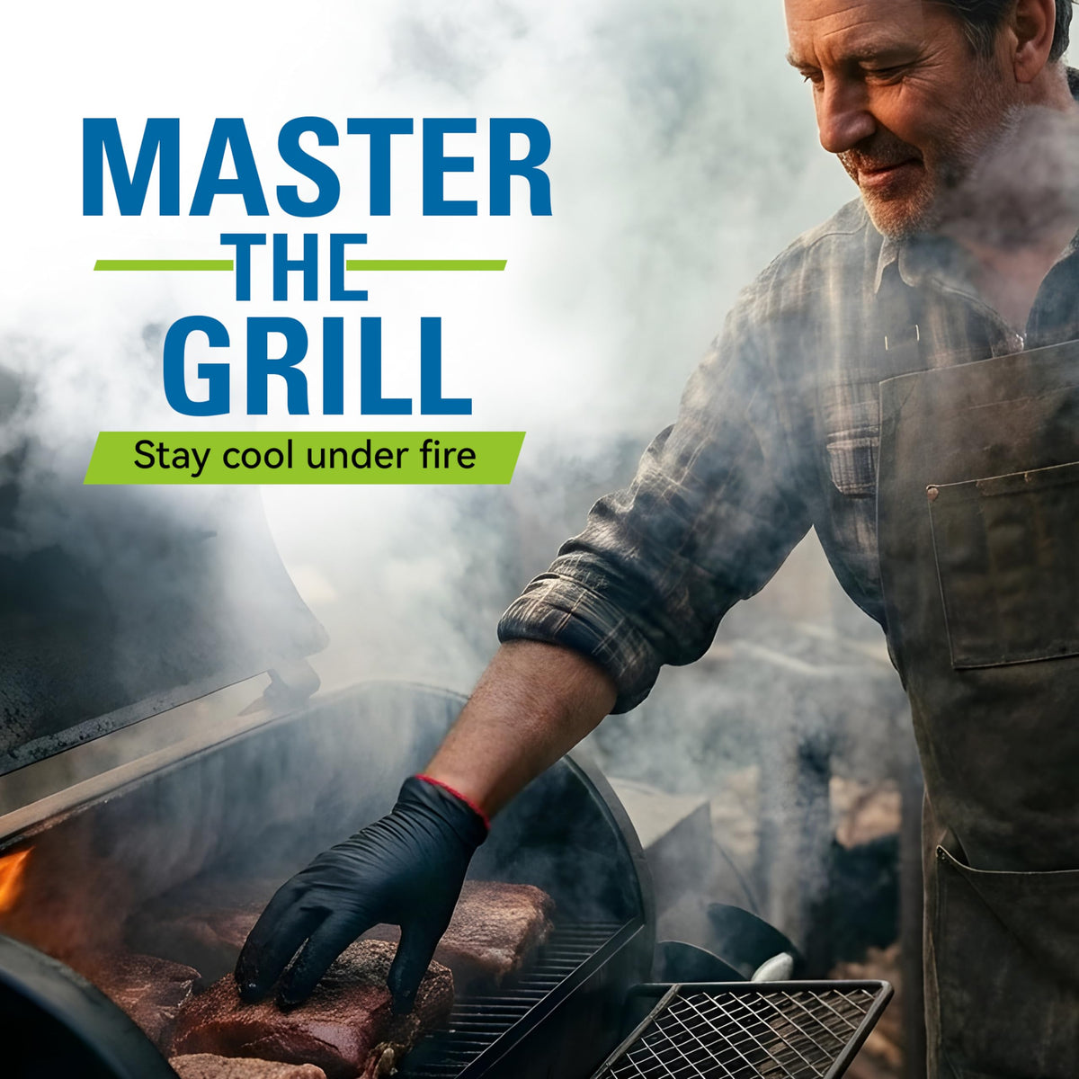 SwiftLite nitrile exterior gloves provide strong grip for hot meat and tools.