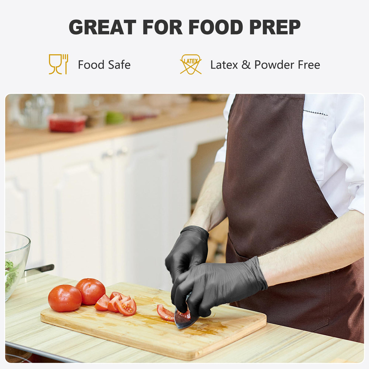 SWIFTLITE latex-free gloves designed for allergy-safe kitchen use.