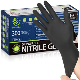 SwiftLite nitrile gloves pack front, bulk 300-count for kitchens and cleaning.