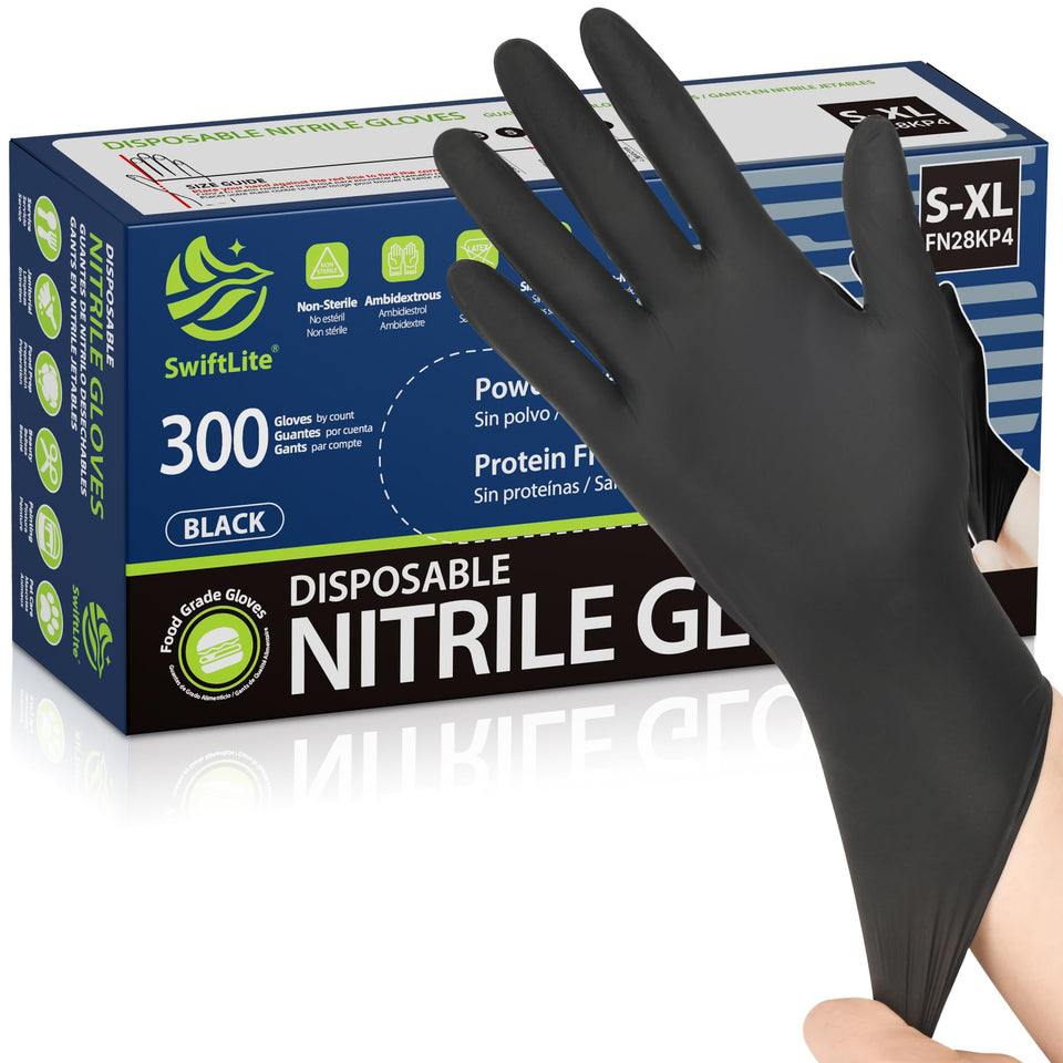 SwiftLite nitrile gloves pack front, bulk 300-count for kitchens and cleaning.