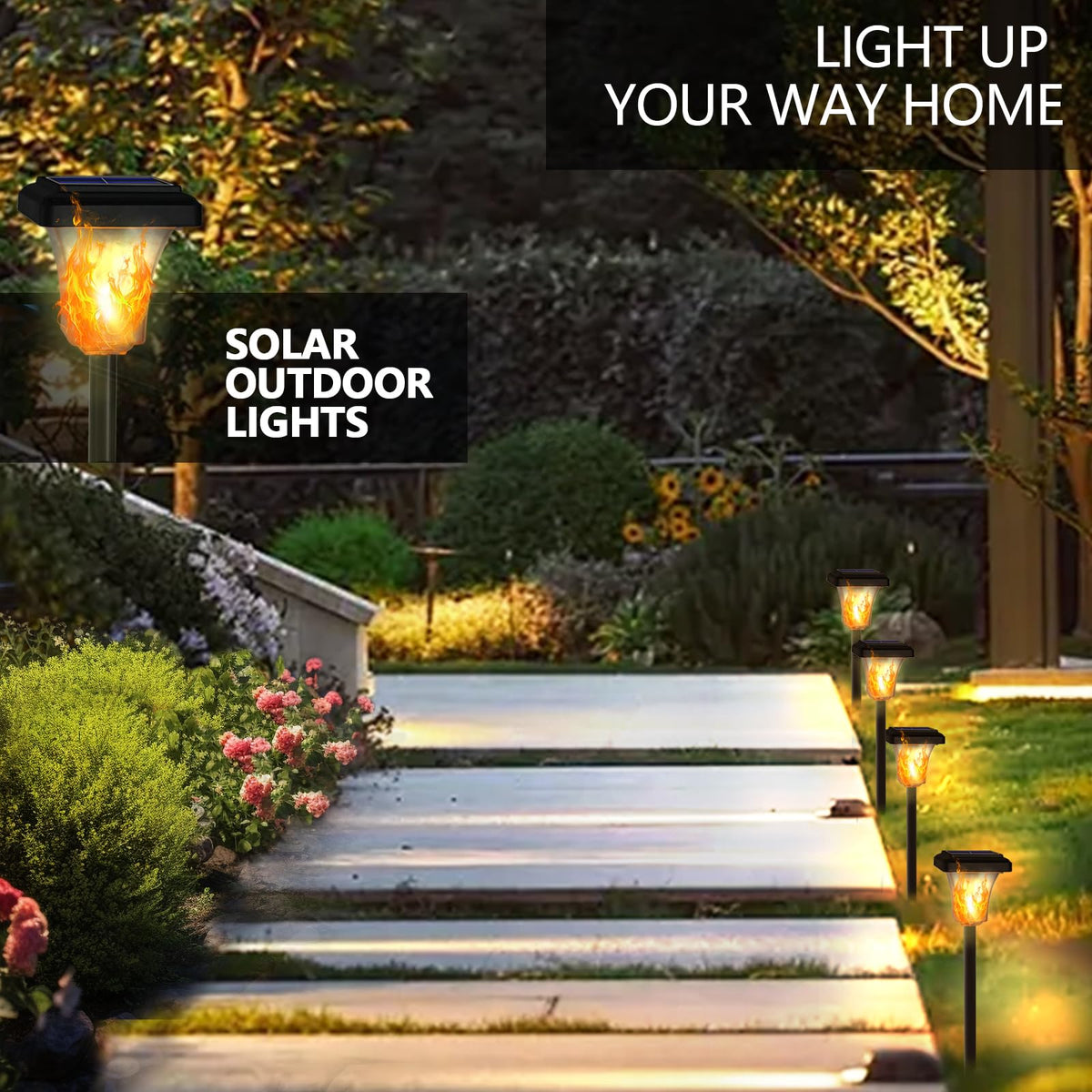 Swingers solar torch flame six-pack dusk illumination on patio