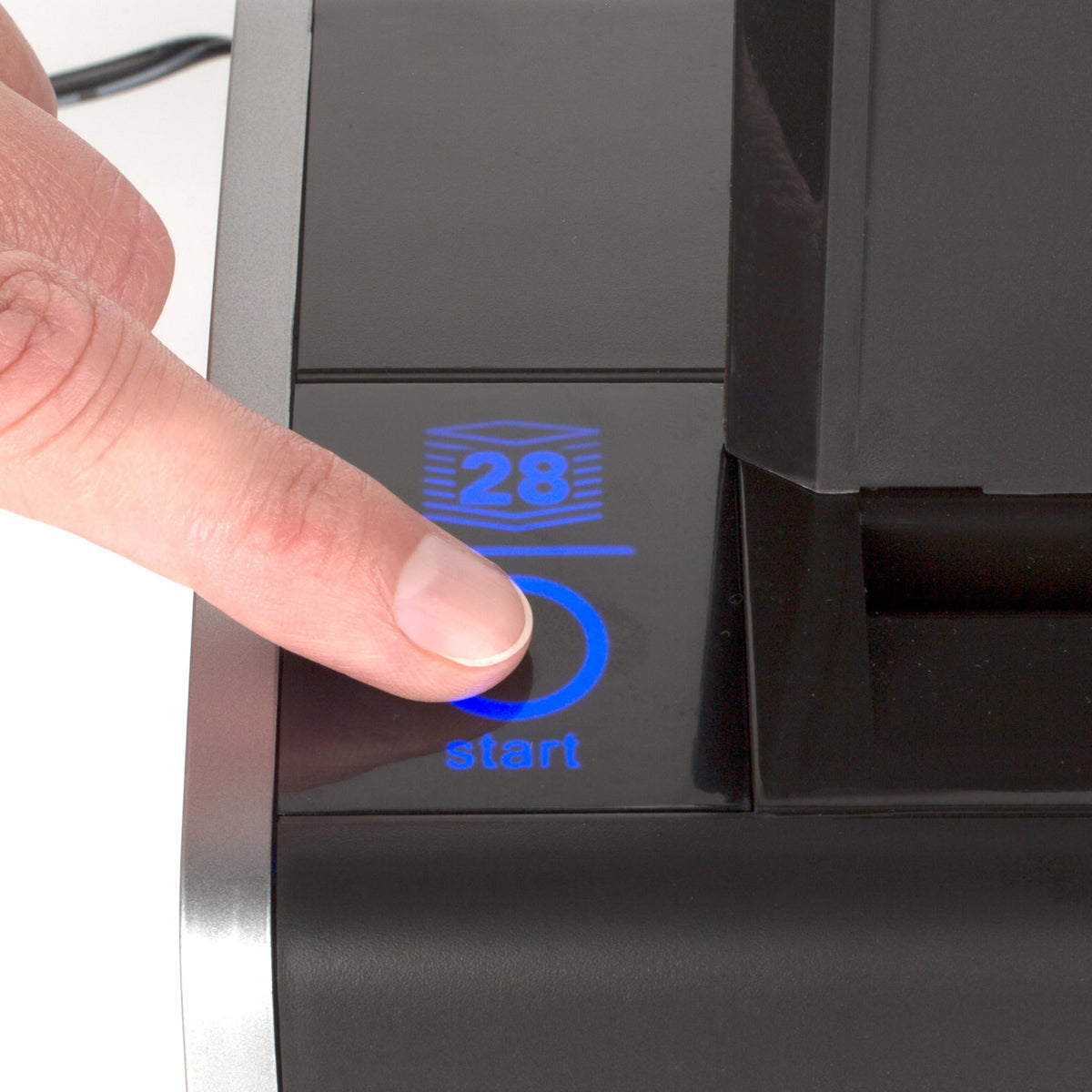 Swingline electric hole puncher chip tray keeps workspaces tidy by catching scraps.
