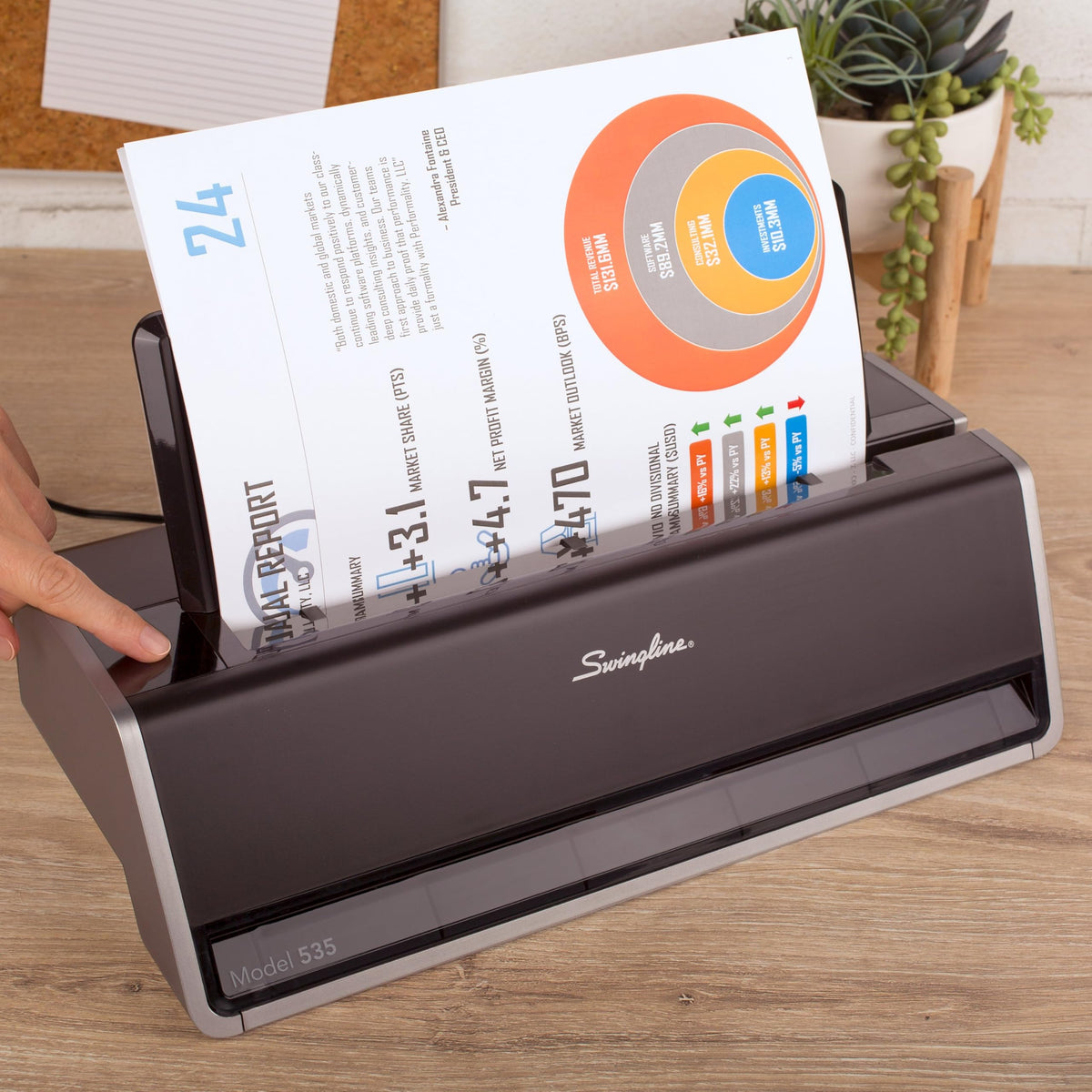 Swingline electric hole puncher control panel with touch screen enables precise, effortless punching.