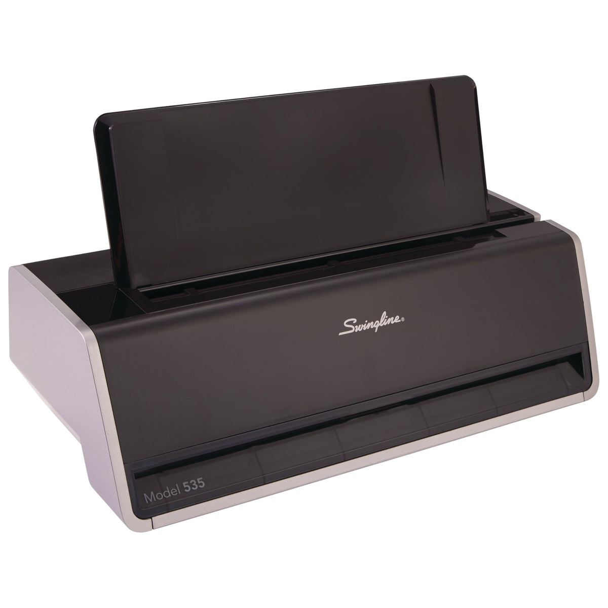 Swingline electric hole puncher front view, compact design ideal for shared offices.