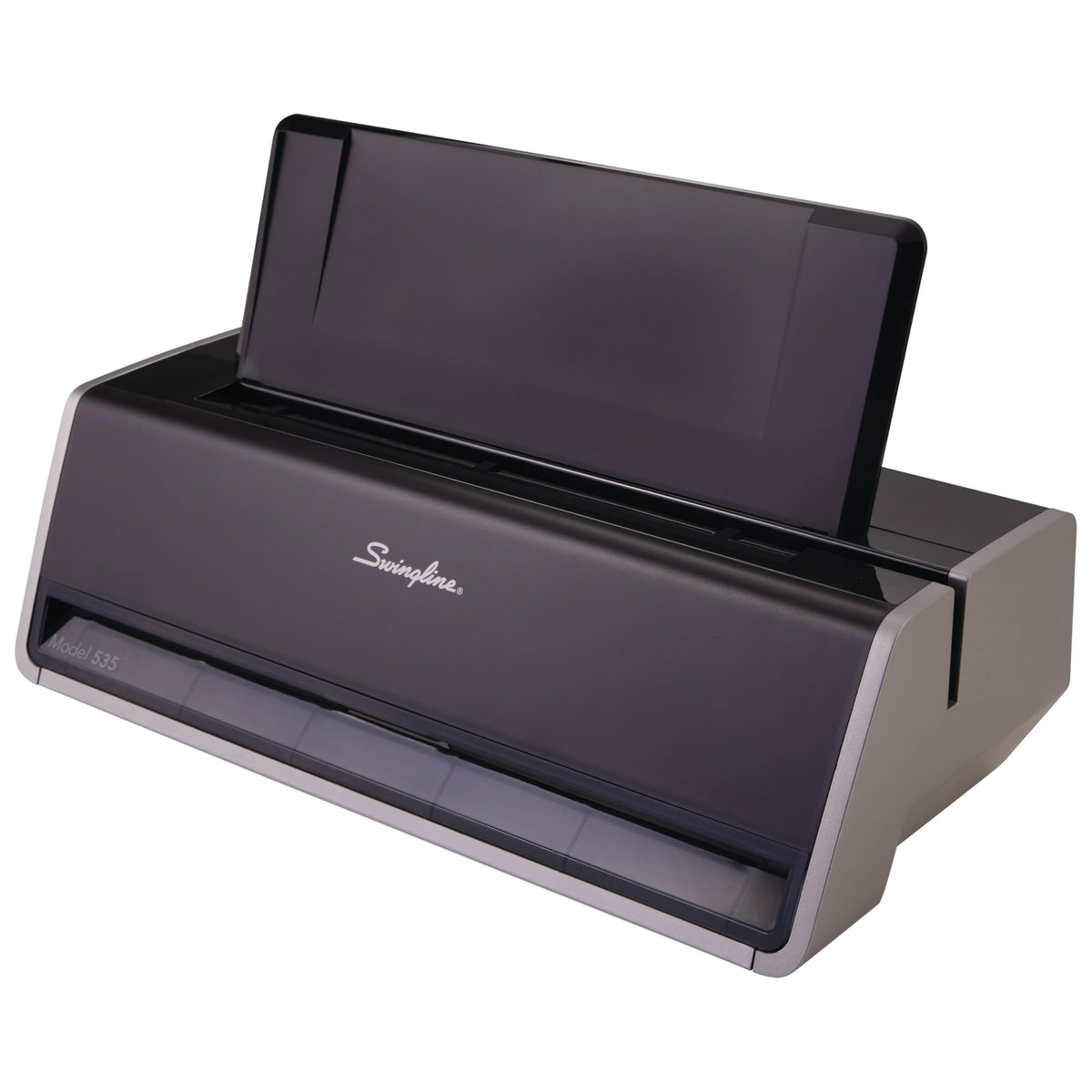 Swingline electric hole puncher platinum finish blends with modern desks and quiet environments.