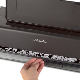 Swingline electric hole puncher vertical guide demonstrates accurate alignment for clean three-hole punching.
