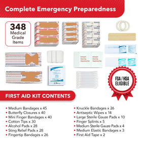 Swiss Safe 348-piece emergency contents organized for quick access.