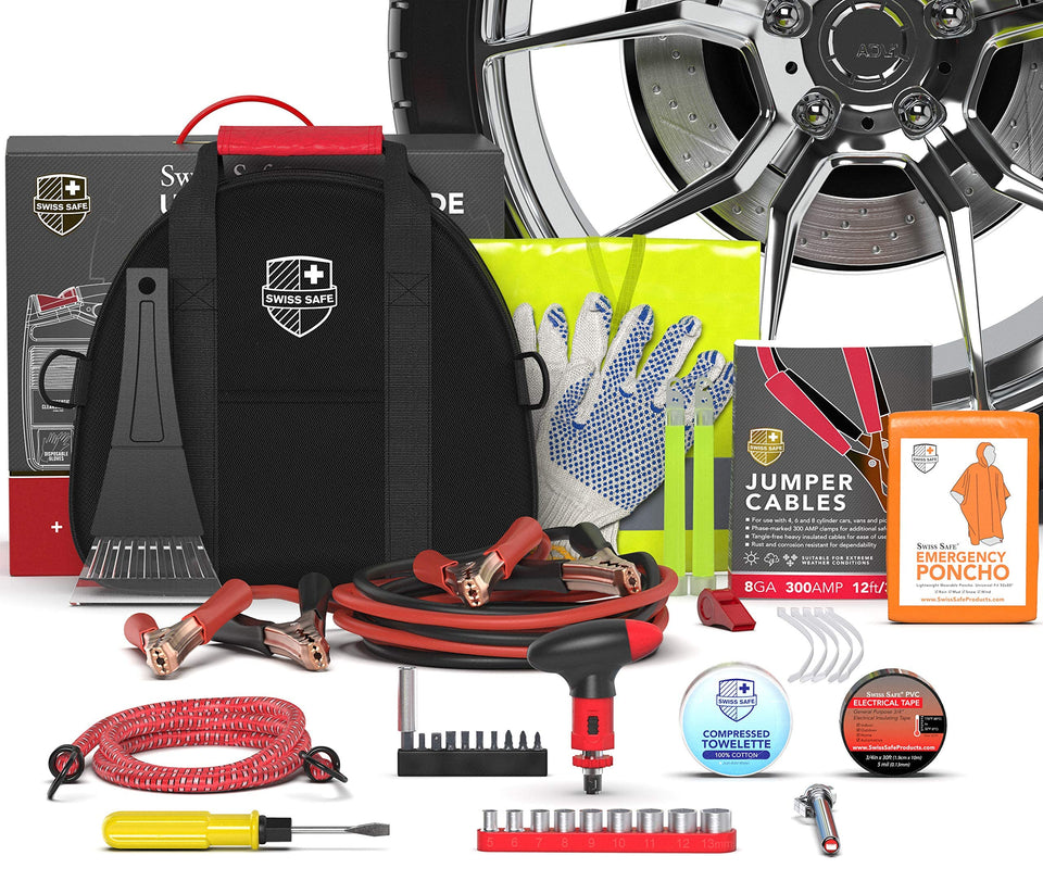 Swiss Safe emergency kit with 12 ft jumper cables ready for roadside power boosts