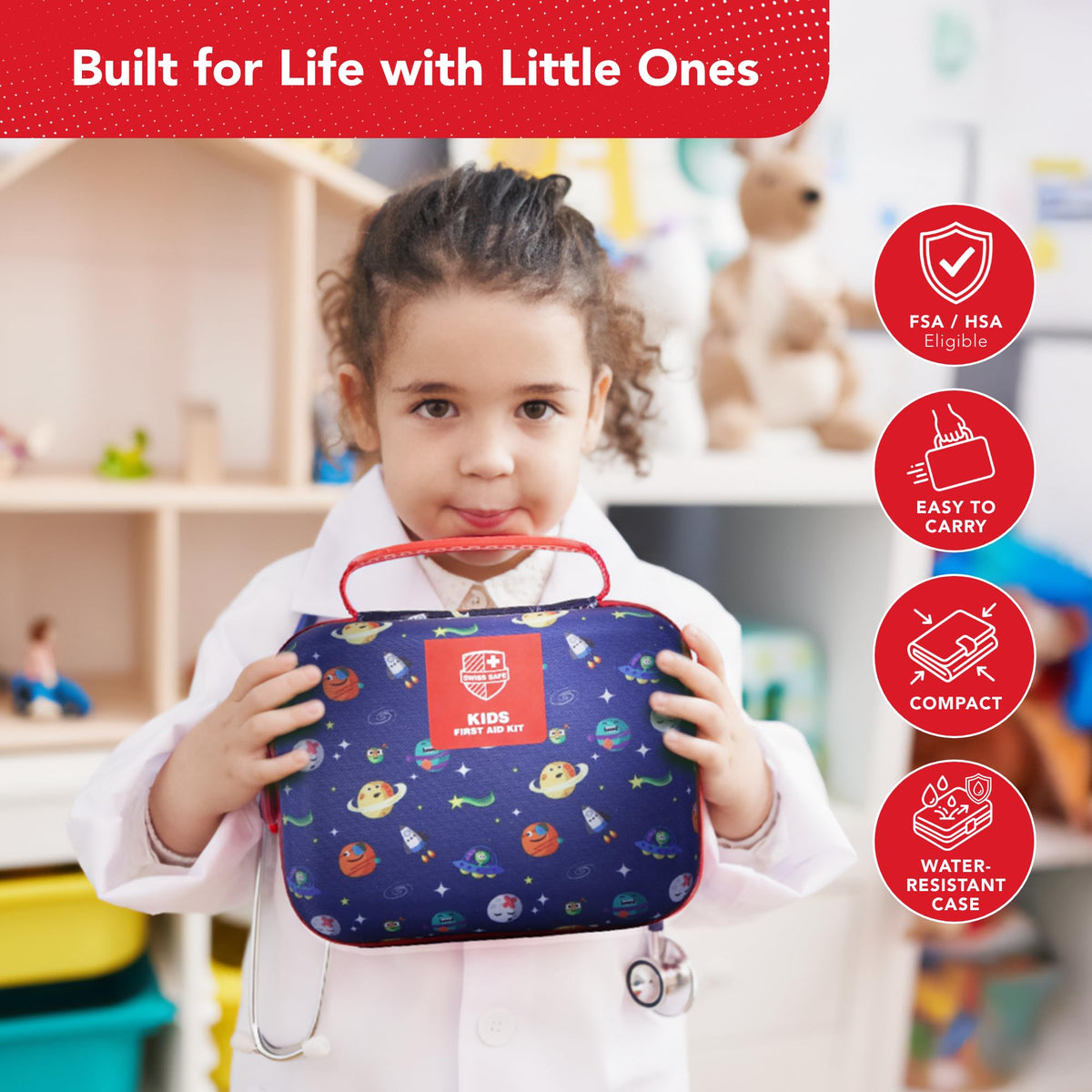 Swiss Safe bravery stickers inside kit to comfort children during care