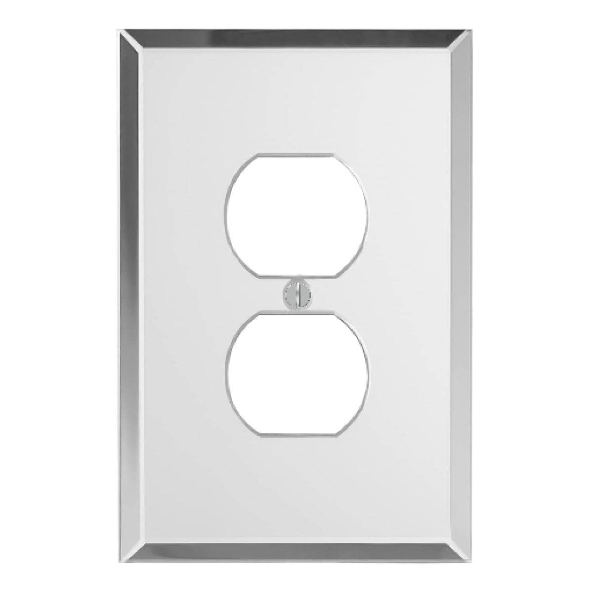 Switch Hits glass mirror plate duplex offers a durable reflective finish for two-gang switches.