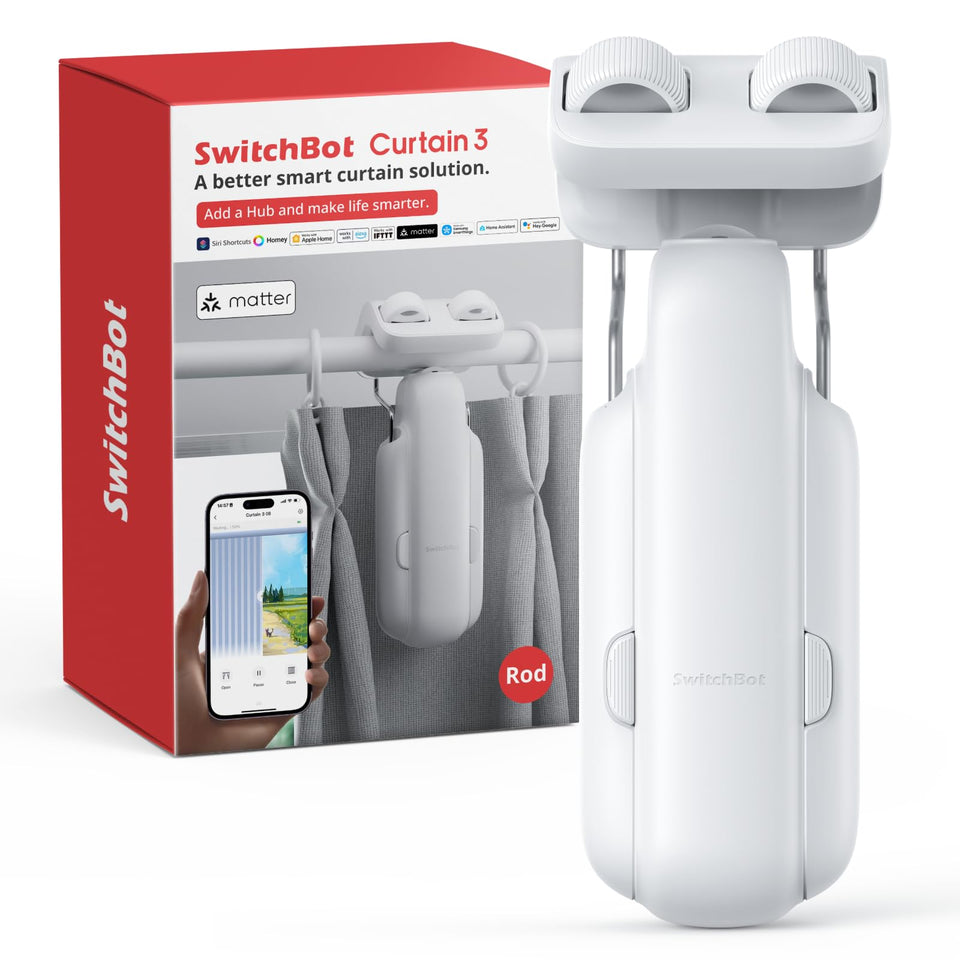 SwitchBot 2025 curtain opener on a three-rod setup for effortless daily use.