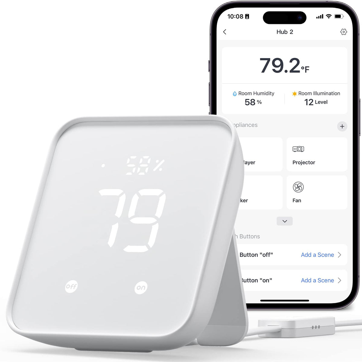 SwitchBot Hub 2 displays precise temperature and humidity for home monitoring.