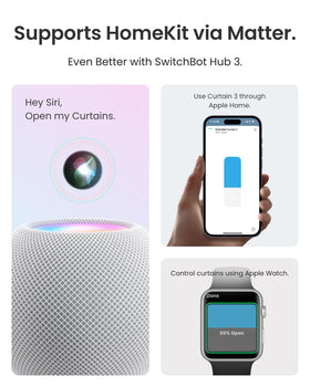 Matter and Apple HomeKit compatibility via SwitchBot Hub 2 or 3.