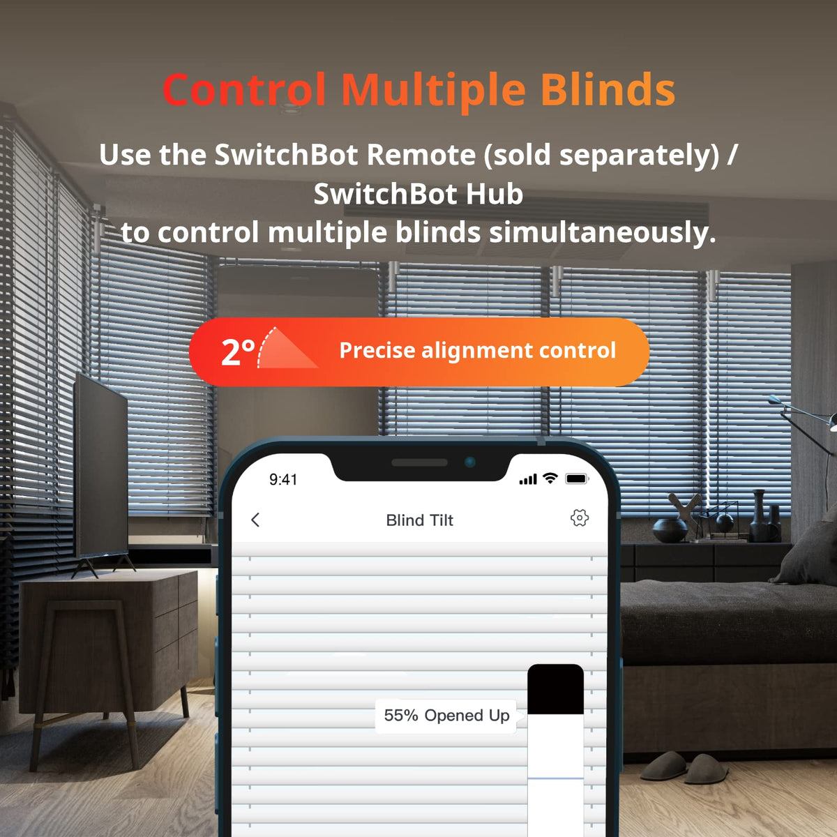 SwitchBot Remote 2.4G control enables direct, local tilt adjustments.