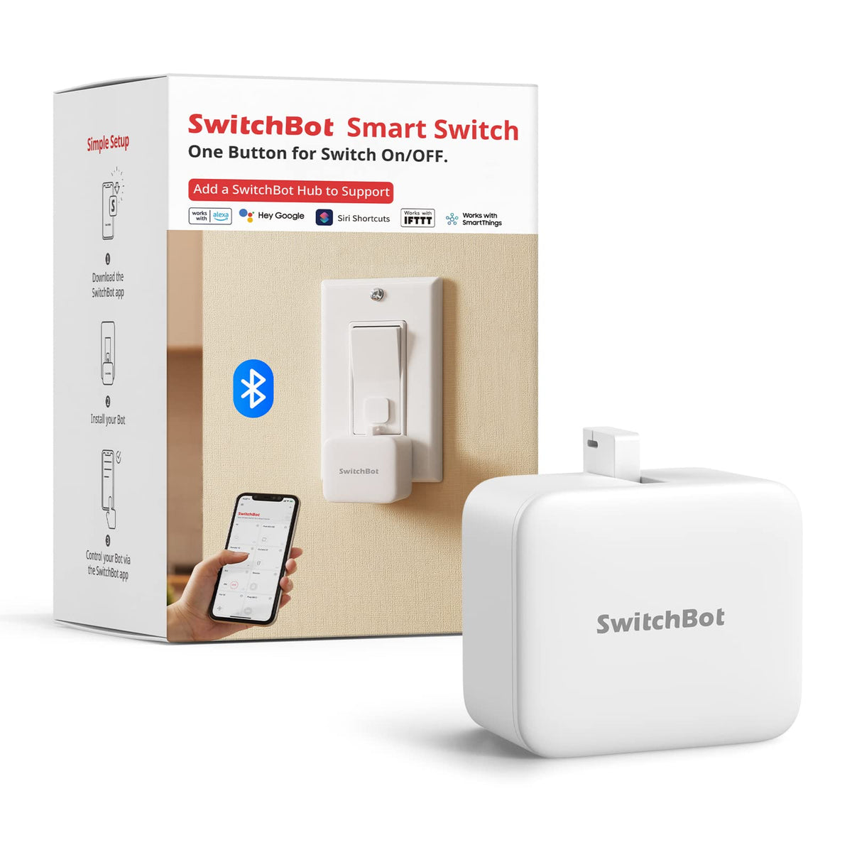 SwitchBot Smart Switch Button Pusher on a wall switch enables hands-free lighting control.