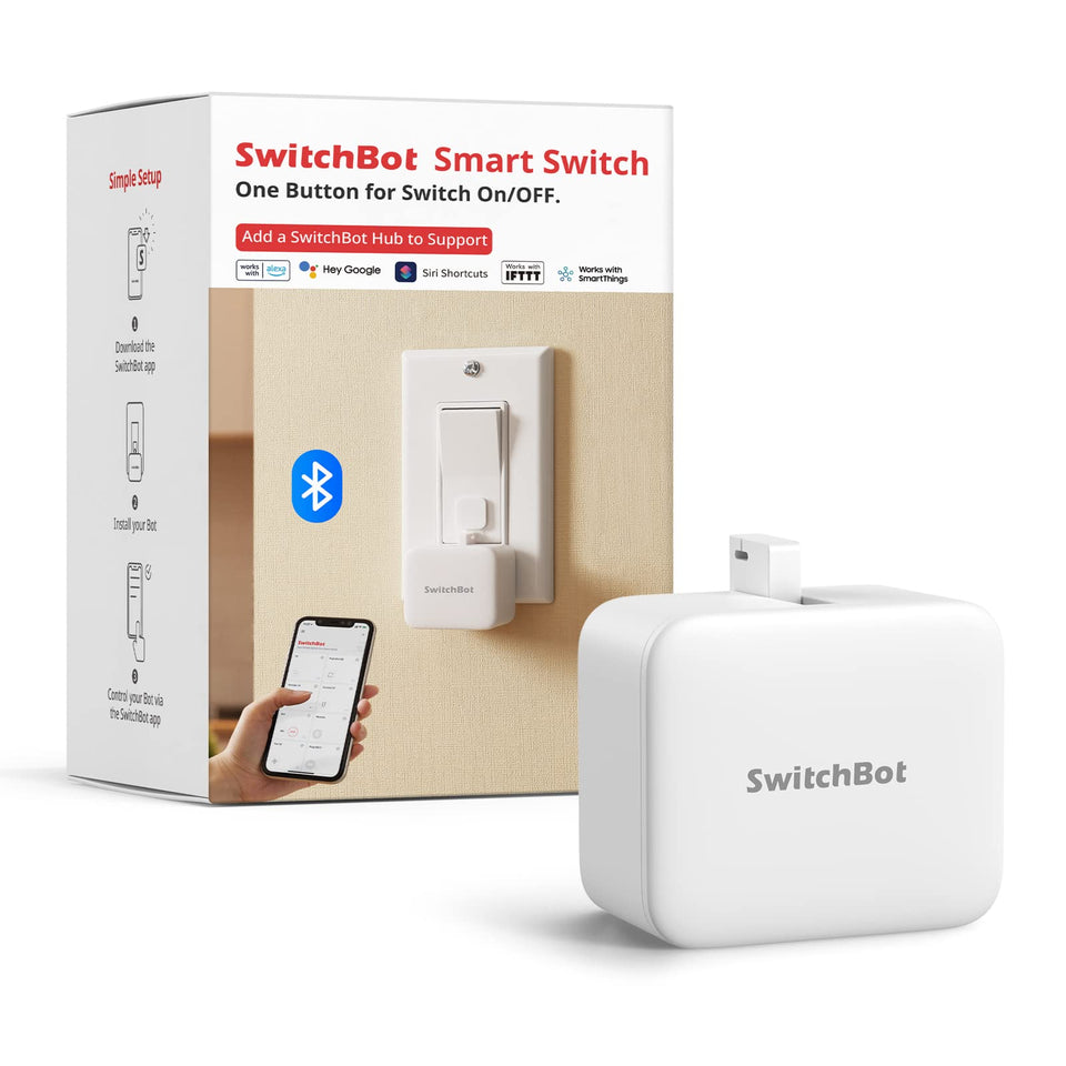 SwitchBot Smart Switch Button Pusher on a wall switch enables hands-free lighting control.