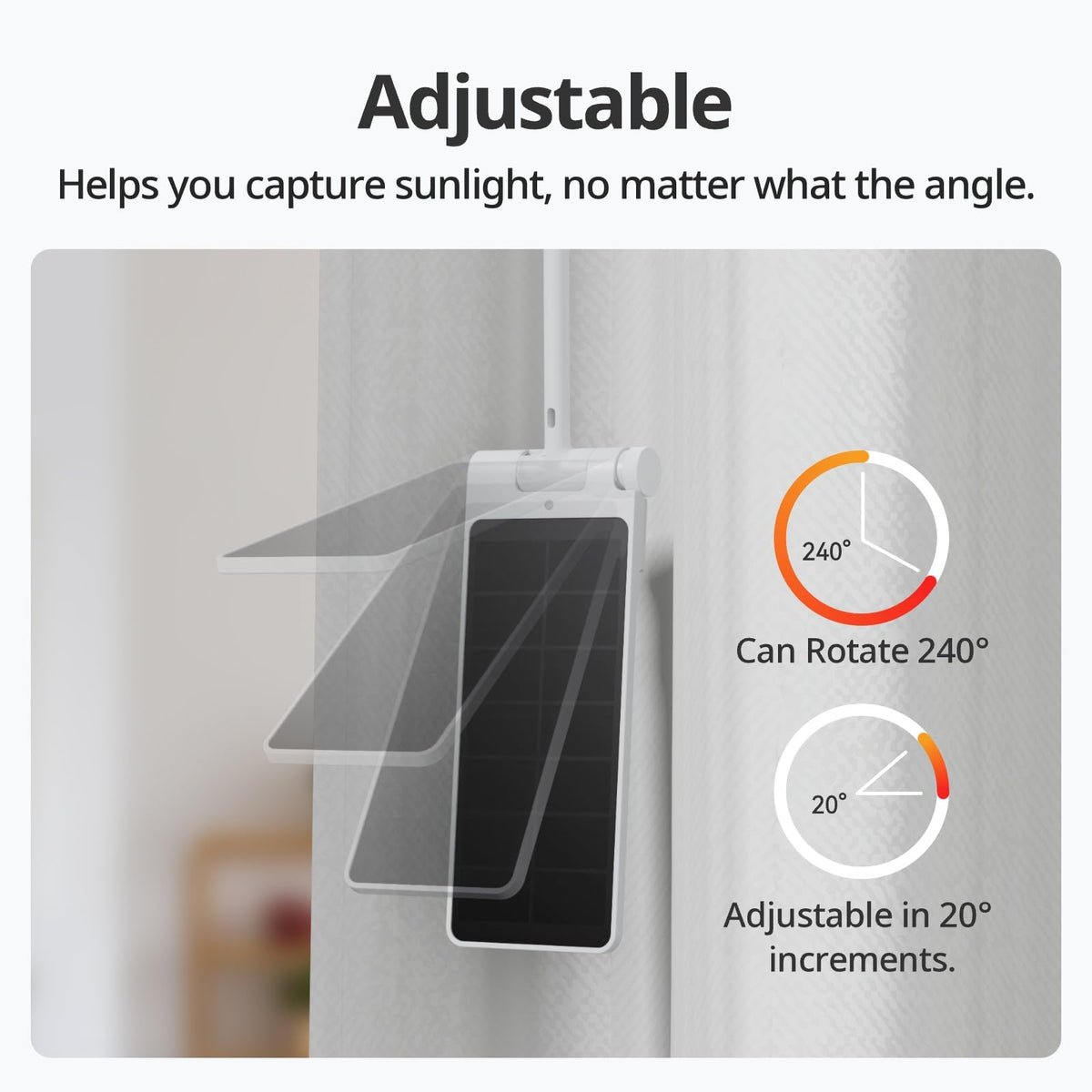 SwitchBot Solar Panel Charger for Curtain 3 features tilt-angle adjust to optimize direct sunlight.