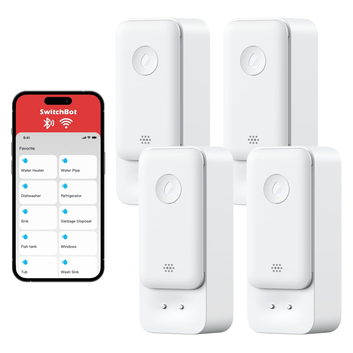 SwitchBot Water Leak Detector front view for real-time leak monitoring in kitchens.