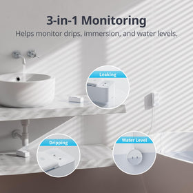 SwitchBot WiFi Water Leak Detector placed near sink enabling proactive moisture monitoring
