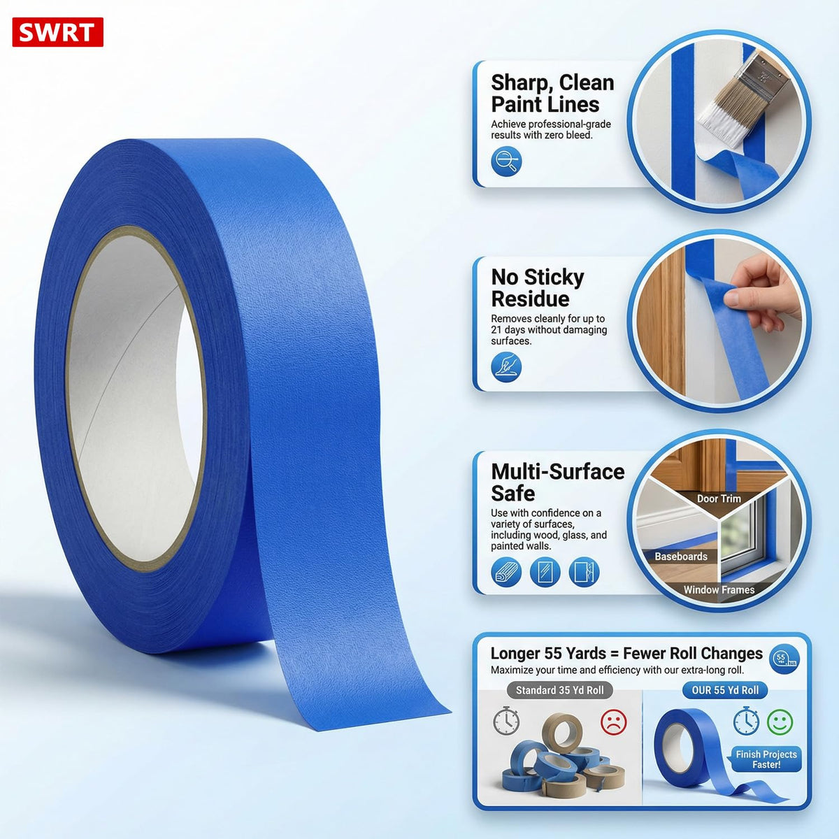 SWRT blue painter's tape applied on wall for precise edge definition