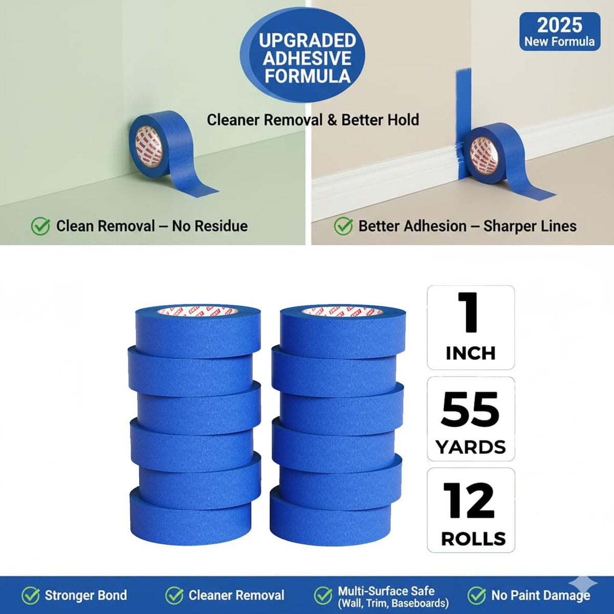 SWRT blue painter's tape edge guidance on walls and trim for sharp lines