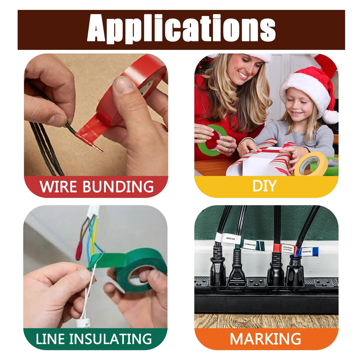 SWRT colored electrical tape brown blends with wood surfaces for discreet insulation tasks.