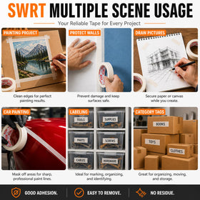 SWRT masking tape adheres to multiple surfaces including walls and glass.