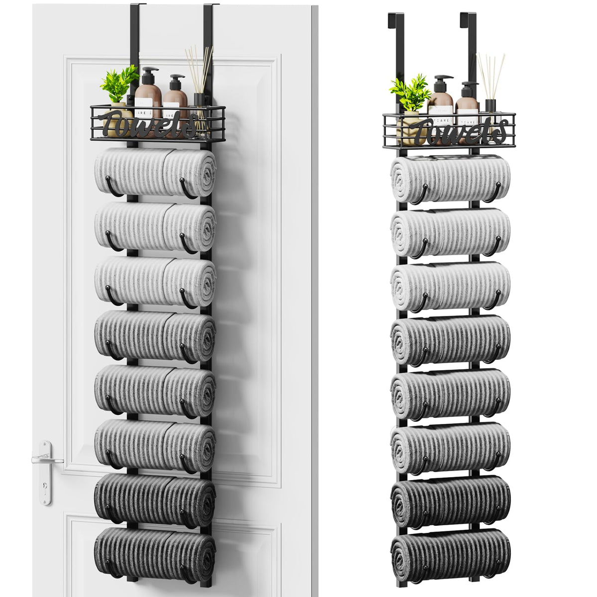 SWTYMIKI 9-tier over-door towel rack maximizing vertical storage in a compact bathroom