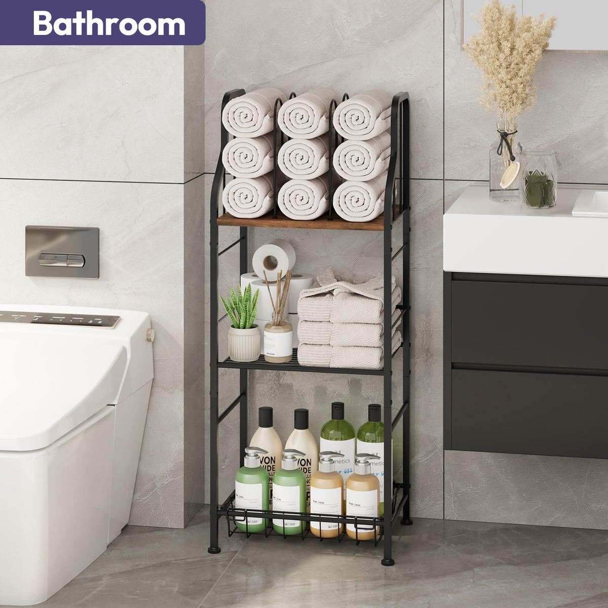 SWTYMIKI towel rack bottom basket stores soaps and bottles with airflow