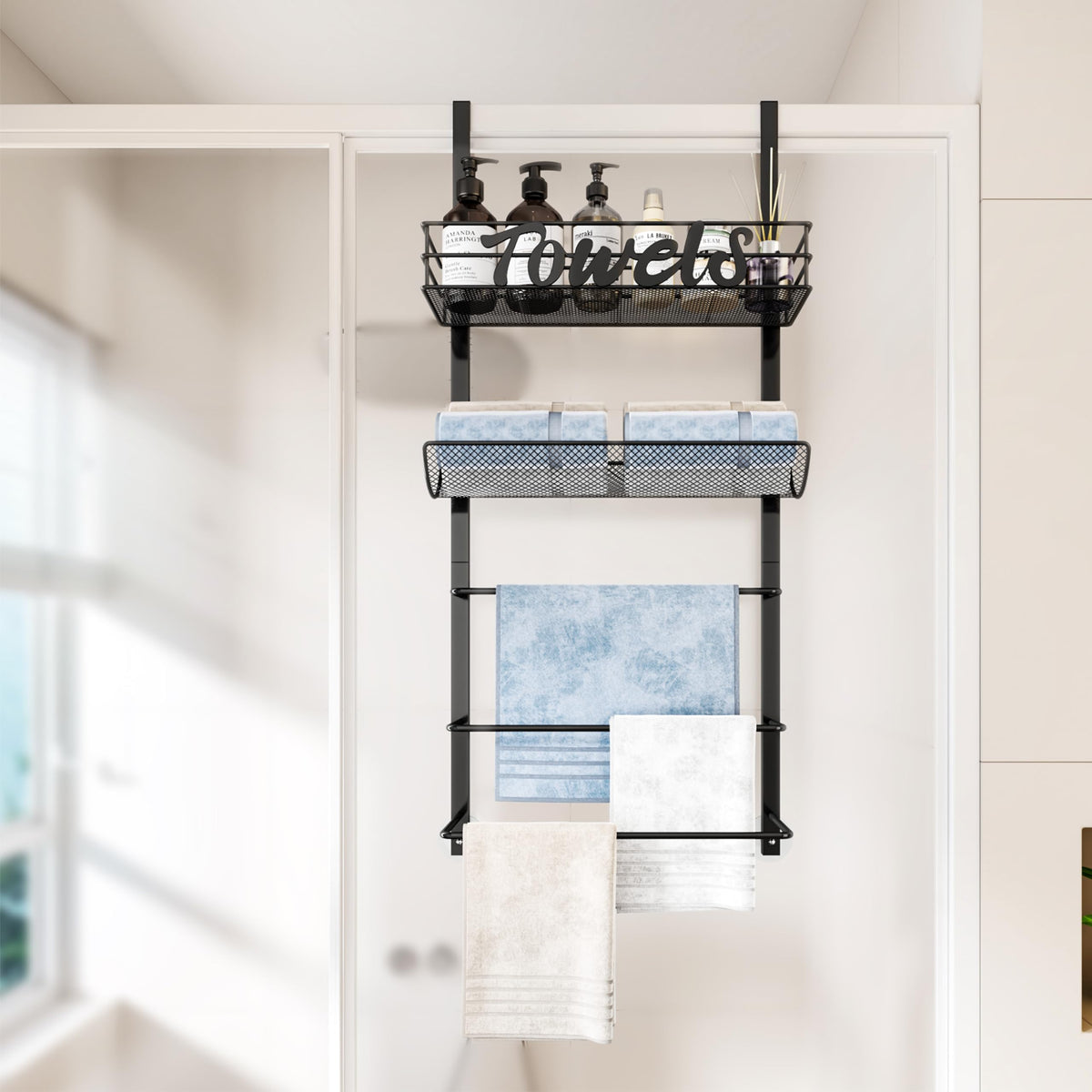 SWTYMIKI towel rack top shelf storage for toiletries and bath essentials.