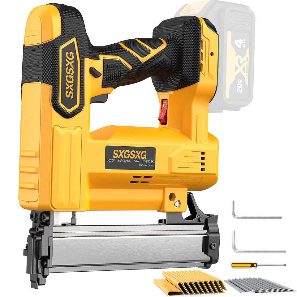 SXGSXG brad nailer compatible with 20V batteries for cordless power.