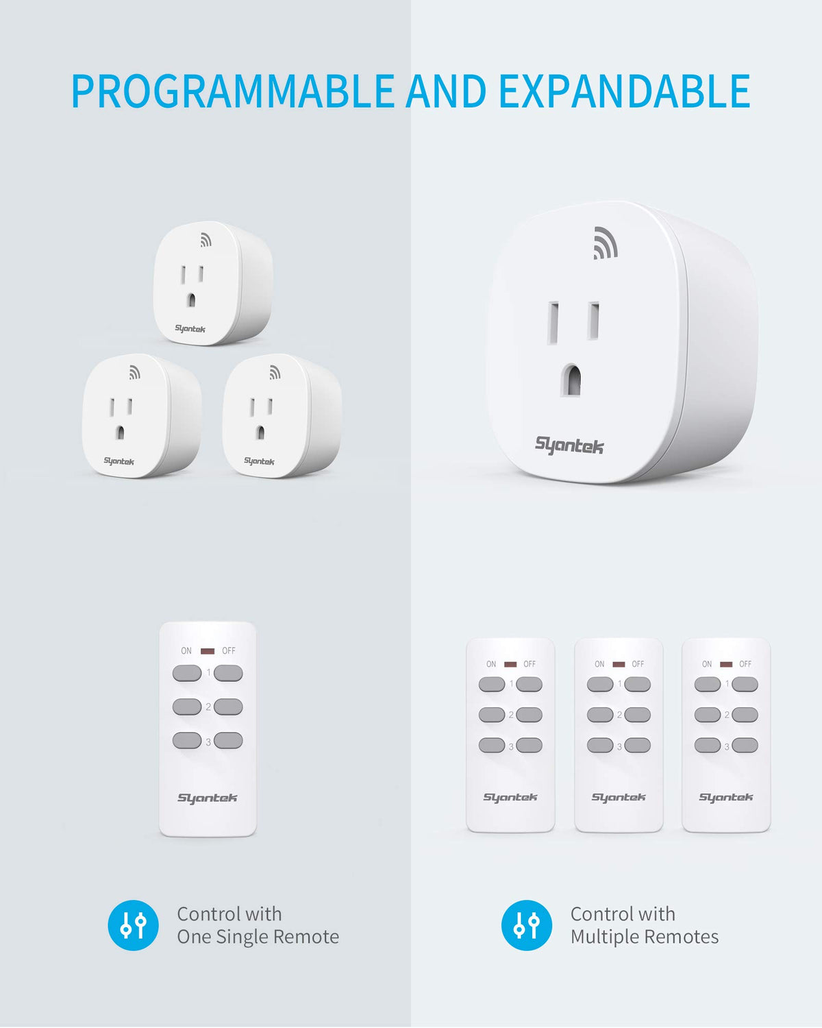 Syantek programmable outlets allow one remote to control multiple outlets.