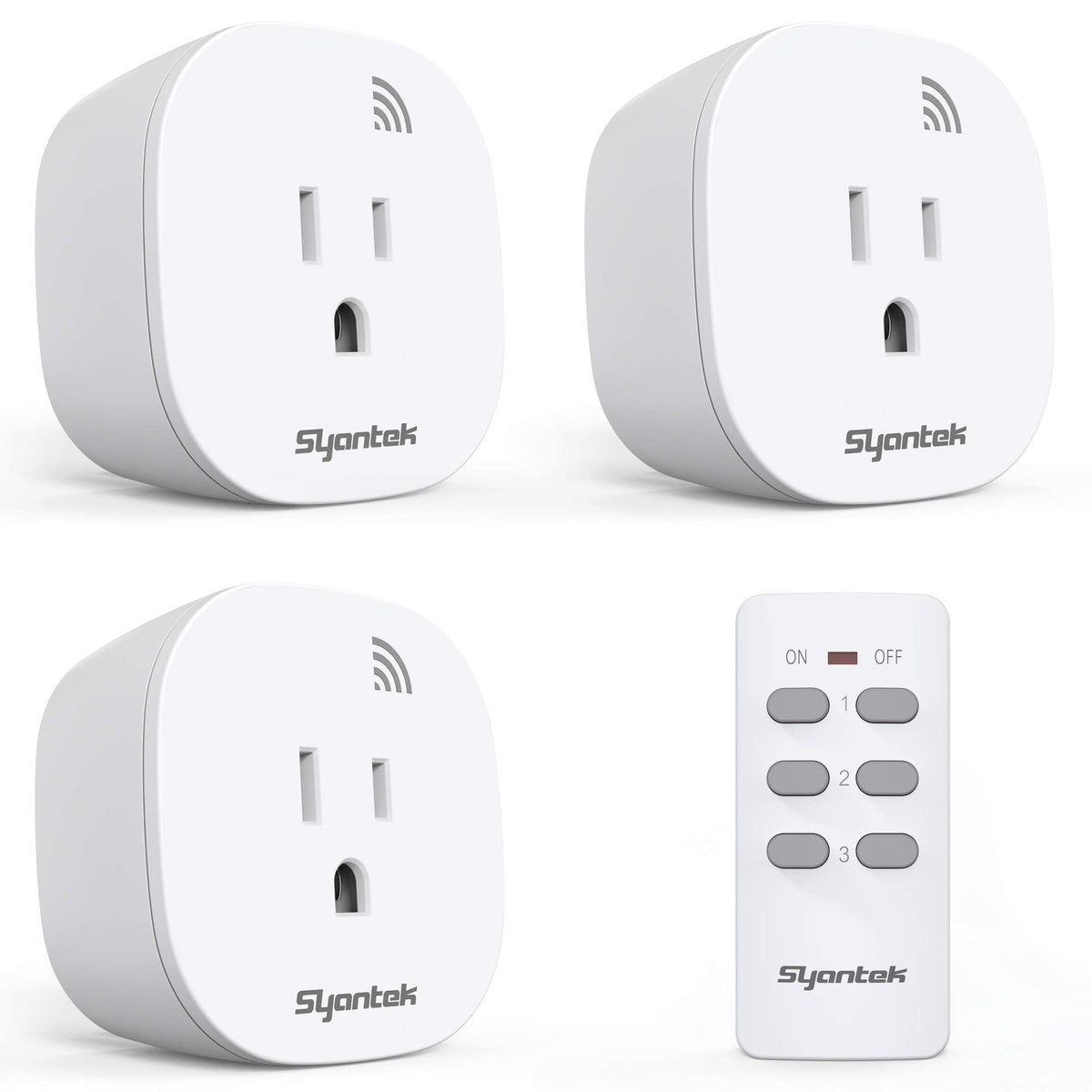 Syantek remote-control outlet front view with three outlets for convenient lamp control.