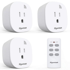 Syantek remote-control outlet front view with three outlets for convenient lamp control.