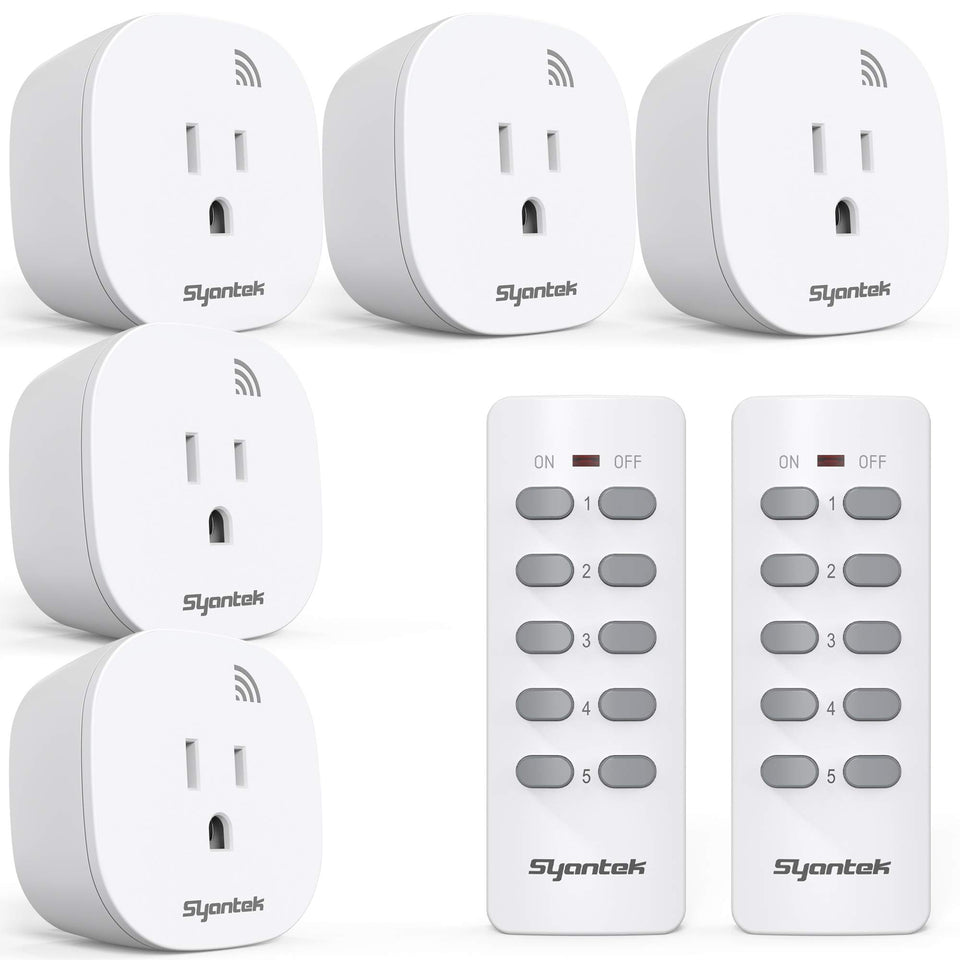 Syantek remote outlet with five sockets offering centralized control for lamps and appliances.