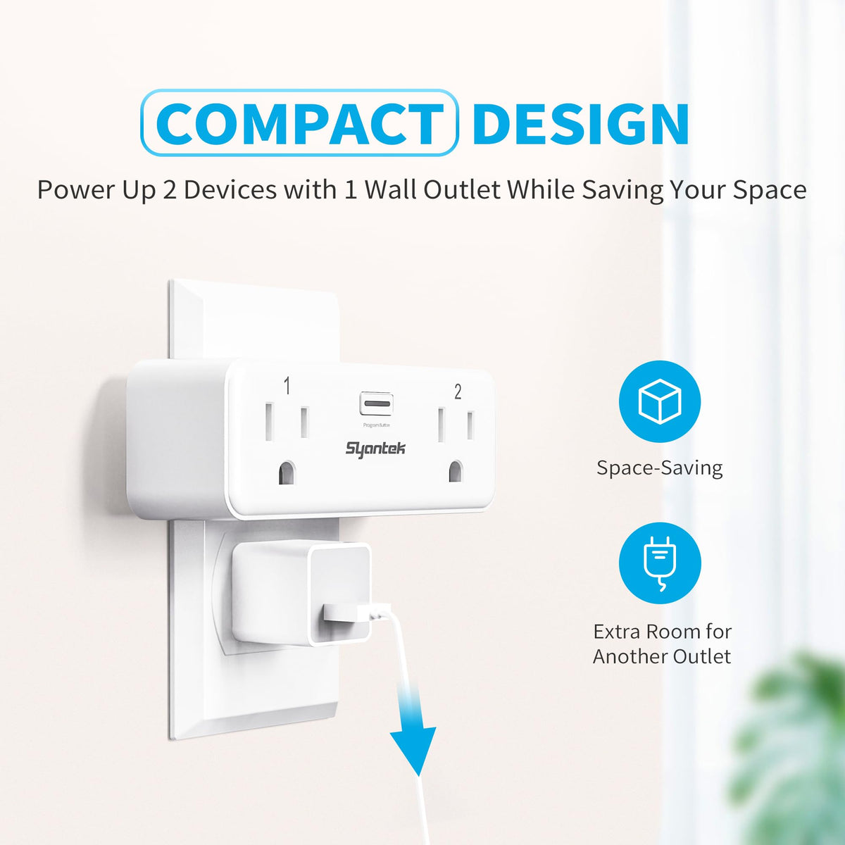 Syantek remote outlet's compact design fits behind furniture.