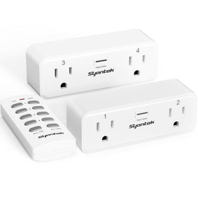 Syantek remote outlet with two sockets for independent control of devices.