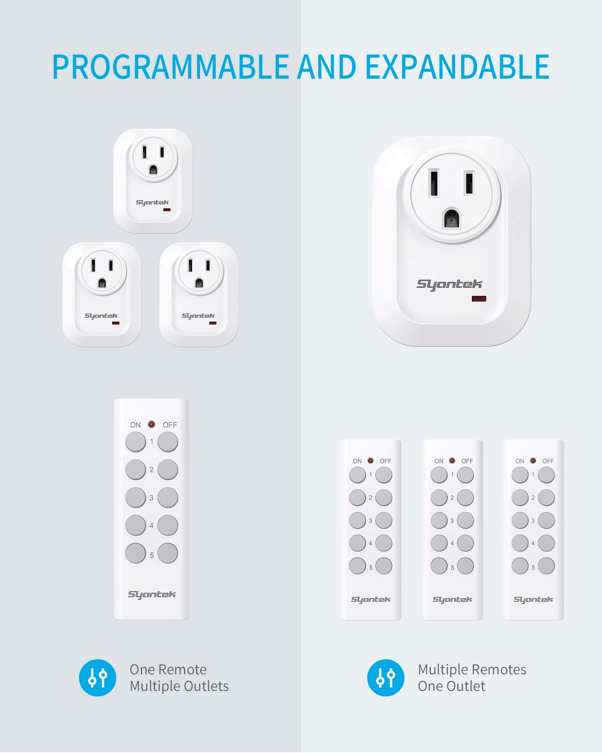 Syantek upgraded remote outlet with 100 ft range for reliable operation.