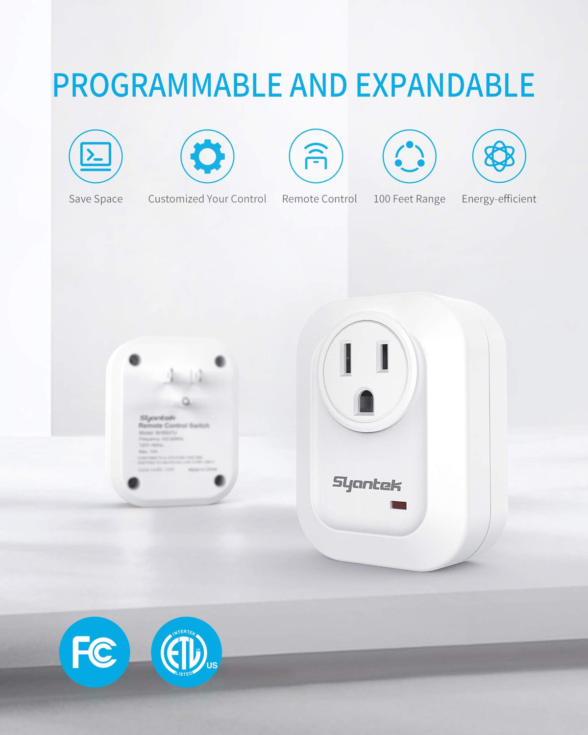 Syantek upgraded remote outlet installed in a wall socket for space saving.
