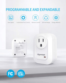 Syantek upgraded remote outlet installed in a wall socket for space saving.