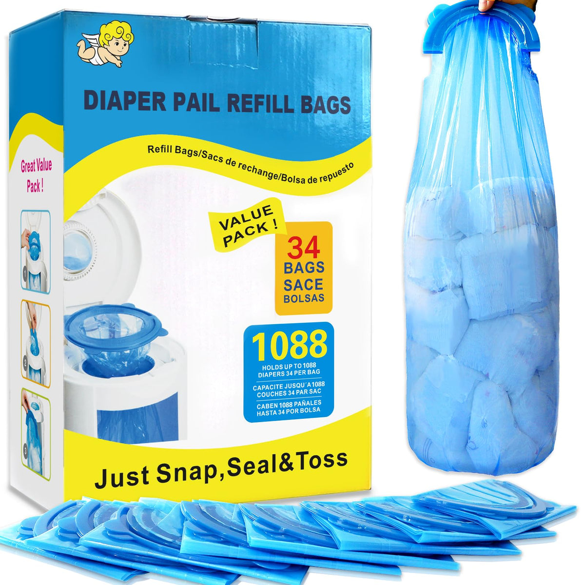 SYAOMUNLY diaper pail refill bags, 34-count pack, efficient odor isolation